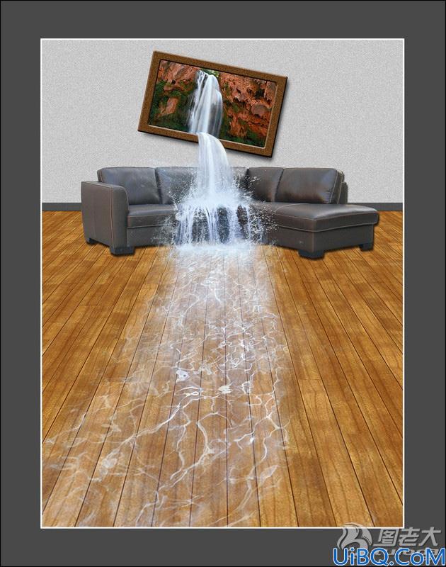 Photoshop合成客厅墙上画框流下的瀑布室内流