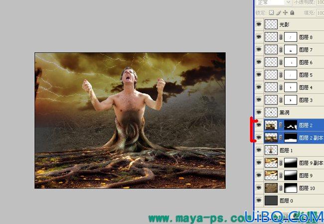 Photoshop使用素材合成一个愤怒的树人的教程