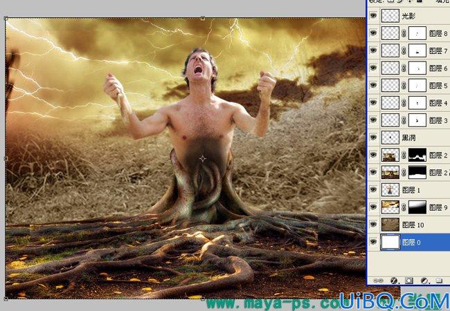 Photoshop使用素材合成一个愤怒的树人的教程
