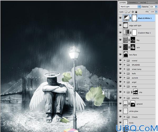Photoshop合成下雨天蹲在路灯下的天使男人清