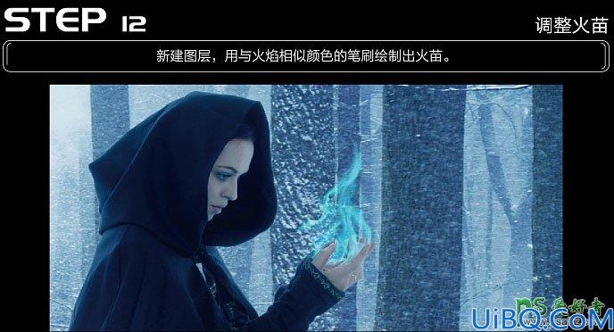 Photoshop合成冬日树林中正在施法的魔法师，下雪树林中的女法师