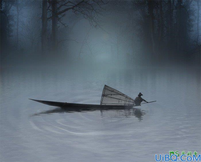 Photoshop合成月色中江面上渔船点着灯火划船的唯美意境场景图片