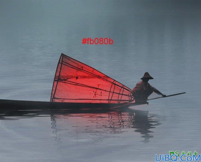 Photoshop合成月色中江面上渔船点着灯火划船的唯美意境场景图片