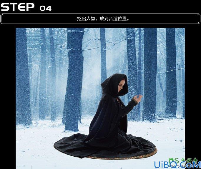 Photoshop合成冬日树林中正在施法的魔法师，下雪树林中的女法师