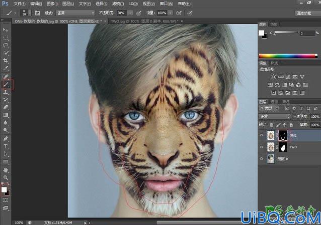 Photoshop人脸合成教程：给漂亮的帅哥脸部换上霸气的虎头图案。