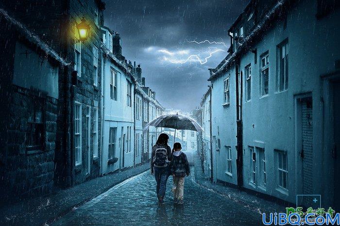 Photoshop场景合成教程：给普通的街景照片合成出电闪雷鸣阴冷的雨夜场景