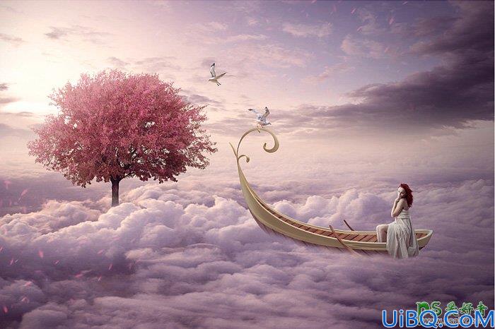 Photoshop合成云中少女坐着小舟漂浮的场景，云海中的小舟与少女