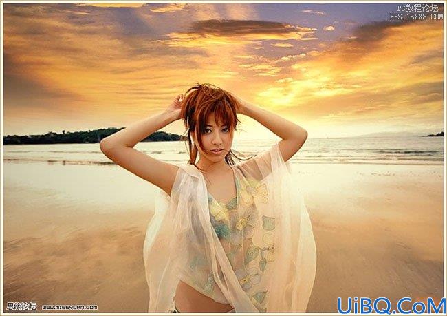 Photoshop合成落日余晖下的沙滩漂亮MM