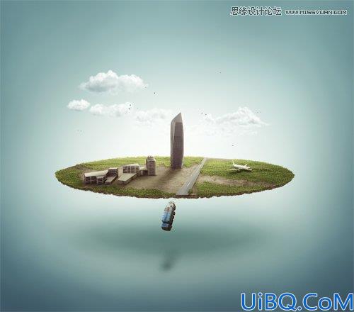 Photoshop合成从悬浮空中城市掉落的卡车
