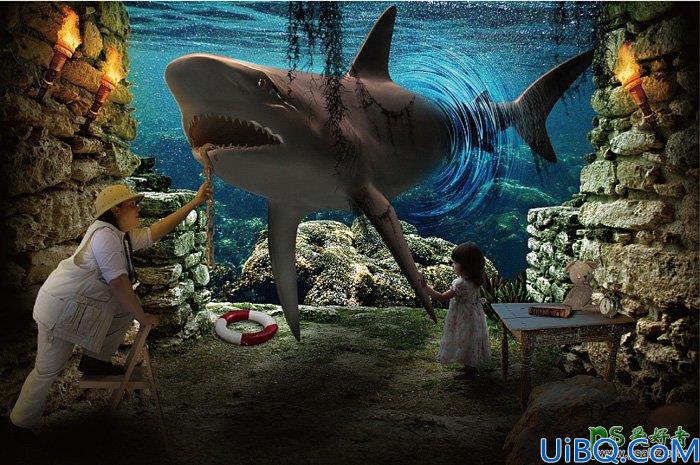 Photoshop创意合成众水族馆中钻出的大鲨鱼特效图片