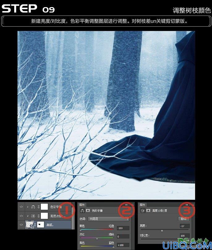 Photoshop合成冬日树林中正在施法的魔法师，下雪树林中的女法师