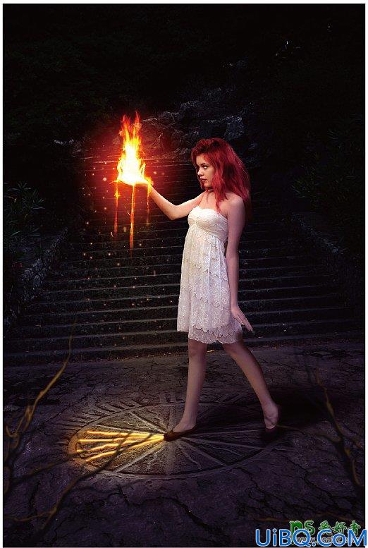 Photoshop合成手捧火花的欧美女孩儿特效照片，欧美风火焰女孩场