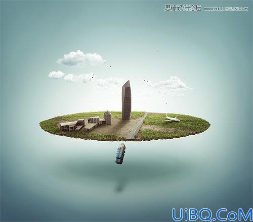 Photoshop合成从悬浮空中城市掉落的卡车