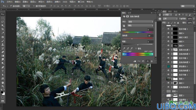 Photoshop调色教程：给武打片电影剧照调出低饱和度暗青色大片画面色彩。
