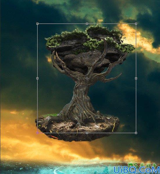 Photoshop CC创意合成一棵海上飘起的树妖，超现实风格的海上浮树