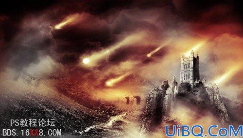 Photoshop使用素材合成中世纪魔戒风格城堡的教程