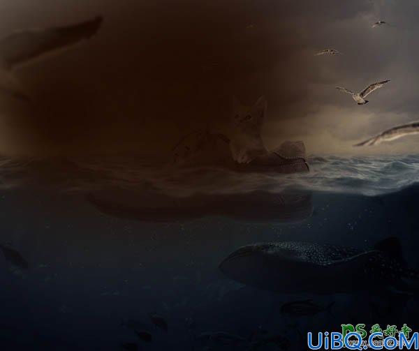 Photoshop合成教程：创意打造一只可爱的小猫咪坐在鞋上环游大海的场景