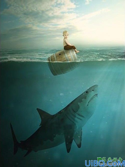 Photoshop创意合成可爱小孩乘坐木桶漂泊在海上被水下鲨鱼凝视的场景