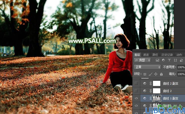 Photoshop调色教程：给树林中的红衣美女性感照片调出逆光暗调青红色效果