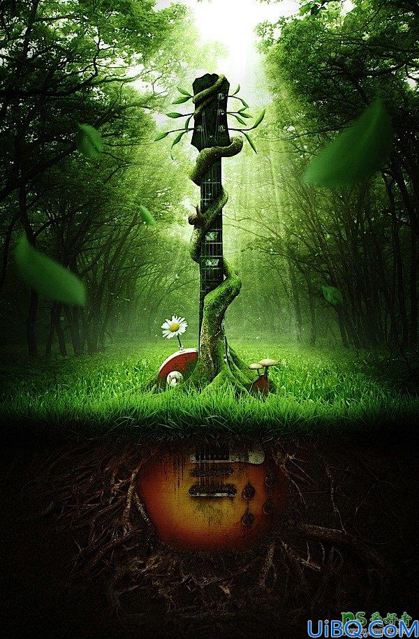 Photoshop合成教程：森林树木与吉他完美的结合打造出被树枝缠绕的吉他