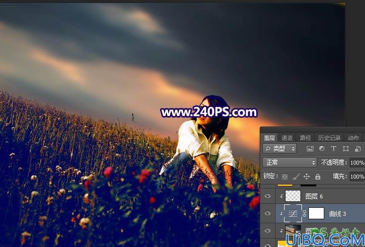 Photoshop调色教程：学习给山坡上自拍的漂亮淑女图片调出黄调晨曦色彩。