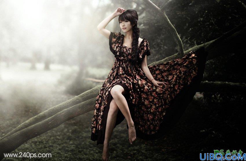 Photoshop给碎花裙美腿女生艺术照调出唯美的黄褐色，森系美女后期调色。