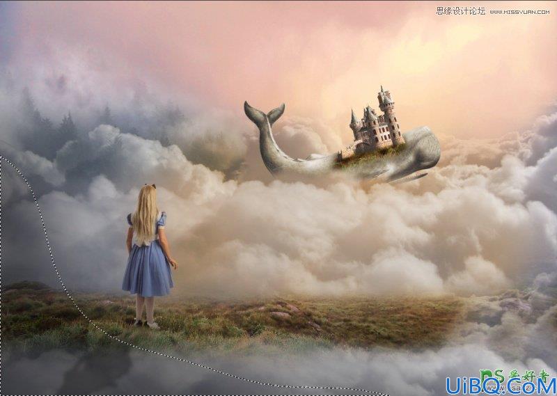 Photoshop合成教程：创意打造在云端中骑着鲸鱼飞行的梦幻城堡场景图片
