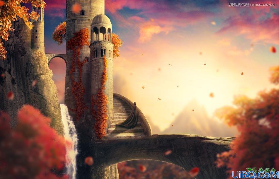 Photoshop合成教程：利用素材,笔刷，调整图层合成秋季唯美的城堡场景图