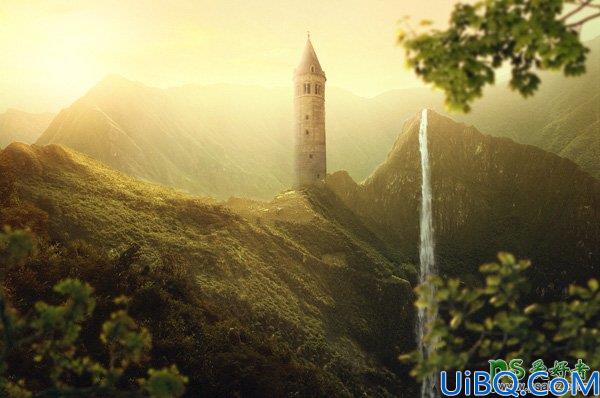 Photoshop图片合成实例：创意打造霞光中西域古建筑屹立在山峰中的场景特