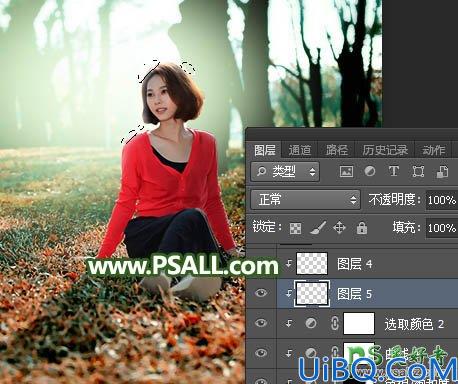Photoshop调色教程：给树林中的红衣美女性感照片调出逆光暗调青红色效果