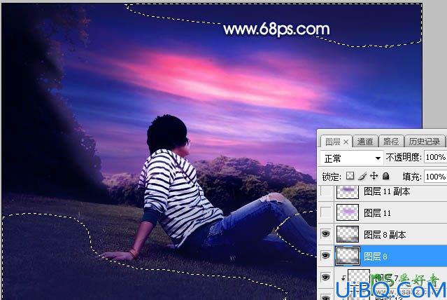 Photoshop给草坪上拍摄的可爱暖男外景照调出唯美紫色霞光效果