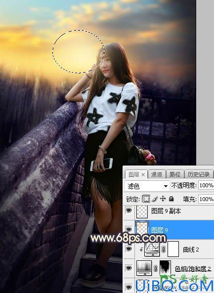 Photoshop给外景自拍的清纯校花美腿写真照调出梦幻的霞光色