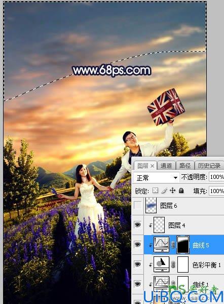 Photoshop给薰衣草花海中拍摄的情侣婚纱照调出绚丽的霞光色