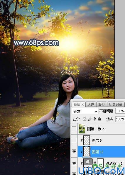 Photoshop给公园树林中等着约会的女生写真照调出温暖的霞光色