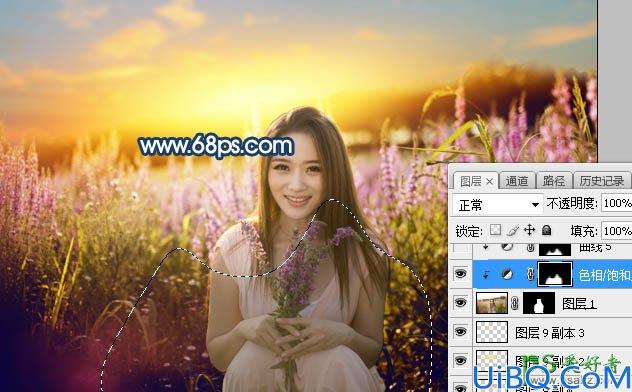 Photoshop女生照片调色：给春装女生漂亮宝贝花海外景照调出意境的霞光色