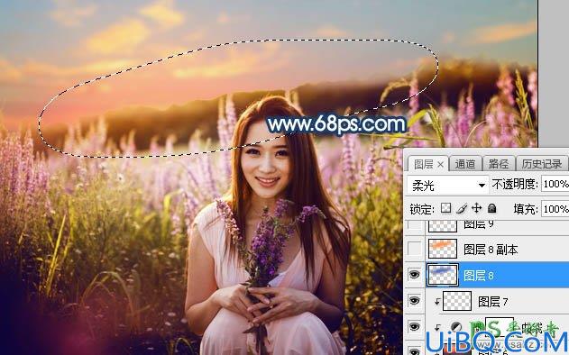 Photoshop女生照片调色：给春装女生漂亮宝贝花海外景照调出意境的霞光色