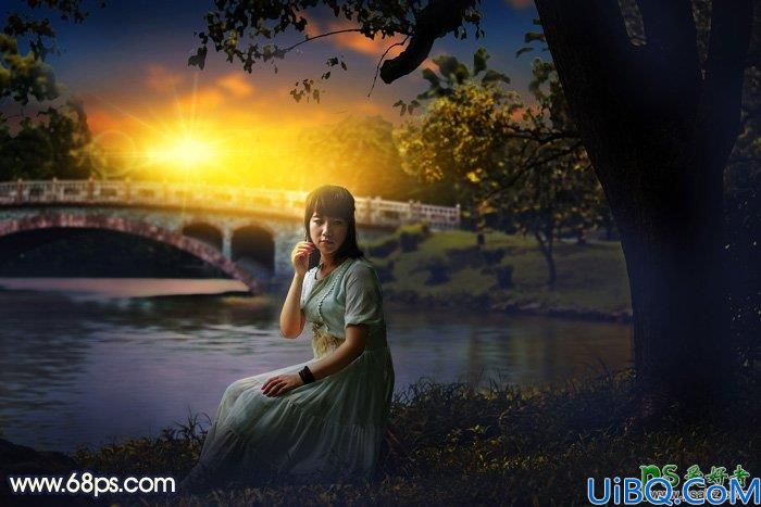 Photoshop调色教程：给公园小河边自拍的白色连衣裙少妇调出唯美的晨曦色