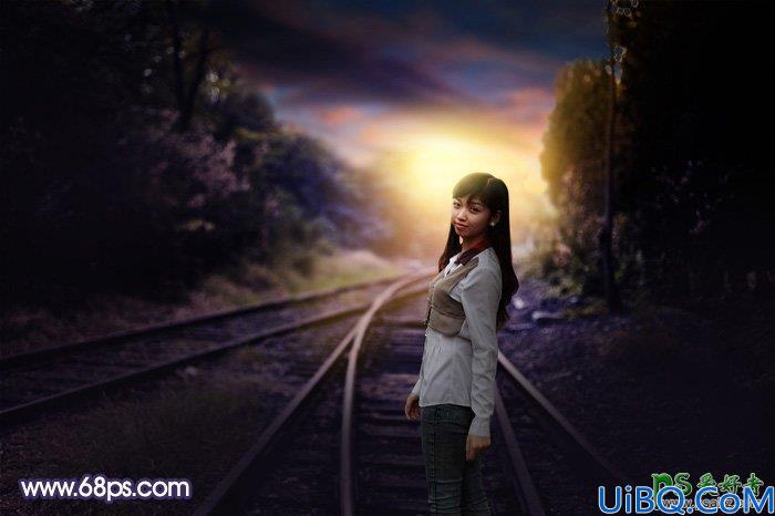 Photoshop给铁路上拍摄的可爱女孩生活照调出温暖的霞光色彩