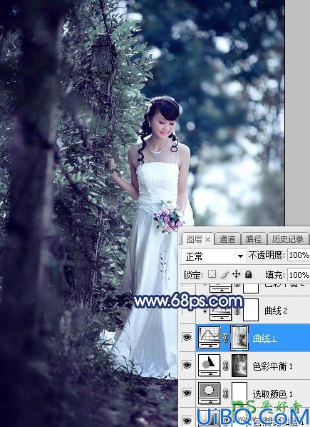 Photoshop婚片调色教程：给秋季树林中拍摄的美女婚纱照调出唯美的青蓝色