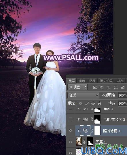 Photoshop婚纱照调色：给秋景树林中拍摄的情侣婚片调出浪漫的紫色霞光