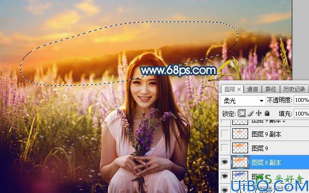 Photoshop女生照片调色：给春装女生漂亮宝贝花海外景照调出意境的霞光色
