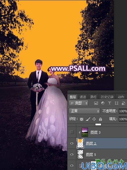 Photoshop婚纱照调色：给秋景树林中拍摄的情侣婚片调出浪漫的紫色霞光