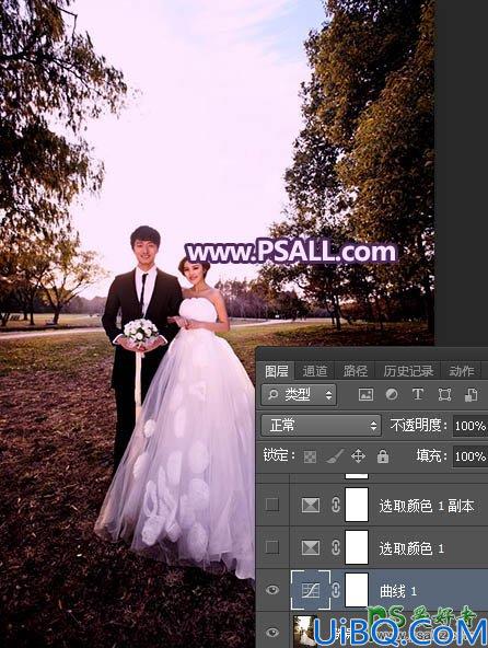 Photoshop婚纱照调色：给秋景树林中拍摄的情侣婚片调出浪漫的紫色霞光