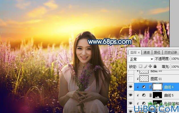 Photoshop女生照片调色：给春装女生漂亮宝贝花海外景照调出意境的霞光色