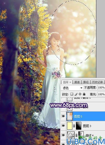 Photoshop给裸露香肩的美女婚纱照调出绚丽的蓝黄色秋季逆光效果