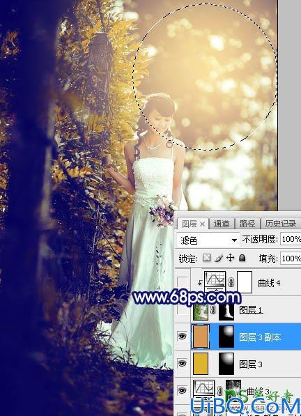 Photoshop调出蓝黄色秋季树林中漂亮的美女婚纱艺术照片