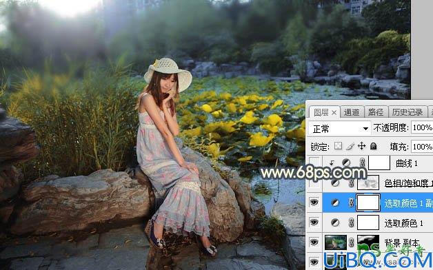 Photoshop给荷塘边自拍的性感美妞儿生活照调出梦幻的橙蓝色