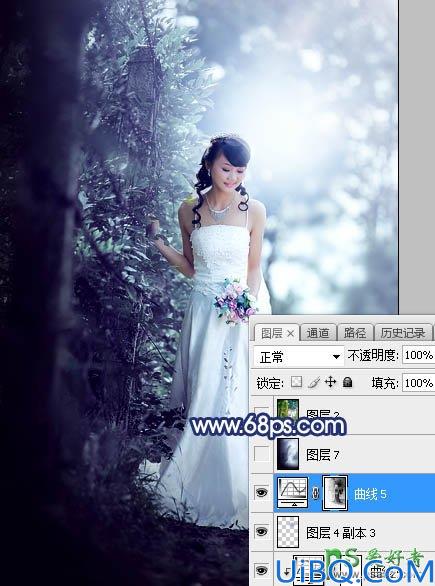 Photoshop婚片调色教程：给秋季树林中拍摄的美女婚纱照调出唯美的青蓝色
