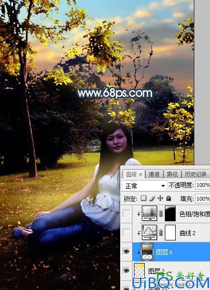 Photoshop给公园树林中等着约会的女生写真照调出温暖的霞光色