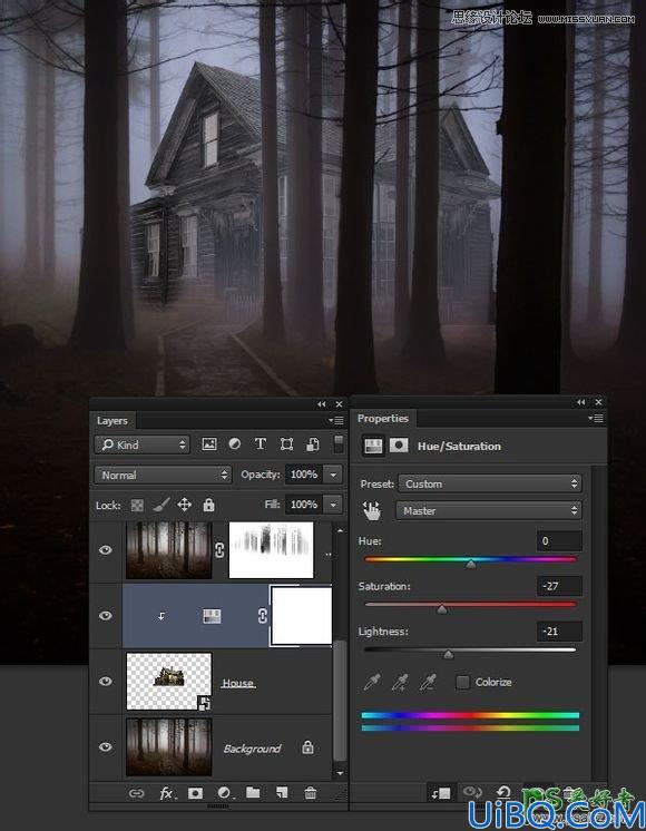 Photoshop图像合成实例教程：创意打造一幅黑暗森林里恐怖的鬼屋效果图